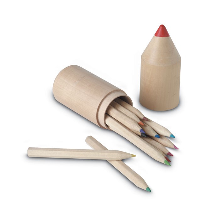 6 petits crayons de couleur dans tube en bois en forme de crayon
